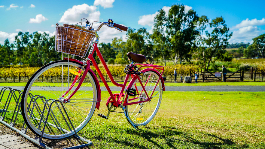 Red Cruiser Bike Parked on Metal Bike Stand