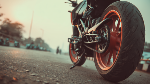Motorcycle wheel in a road