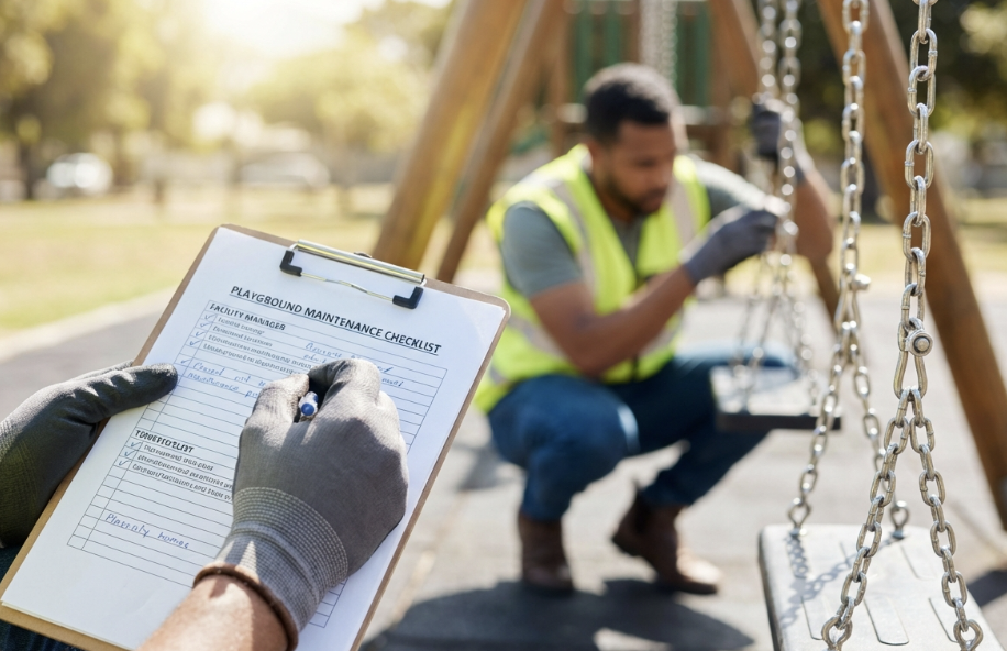 Workers inspecting playground equipment with checklist in hand.
