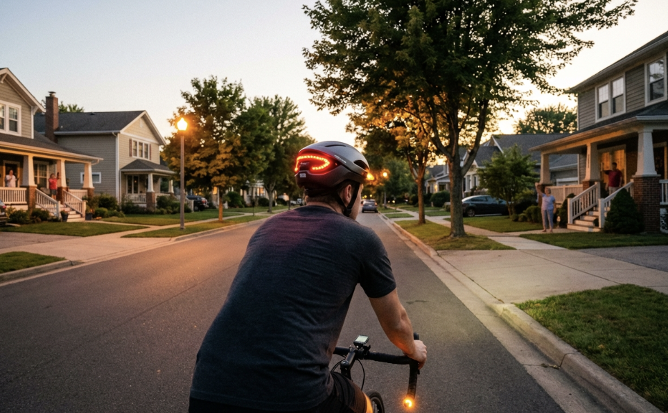 Cyclist wearing helmet with lights on suburban street at dusk.