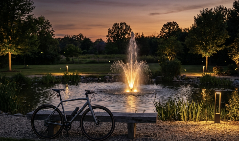 Bicycle by illuminated fountain during twilight in park
