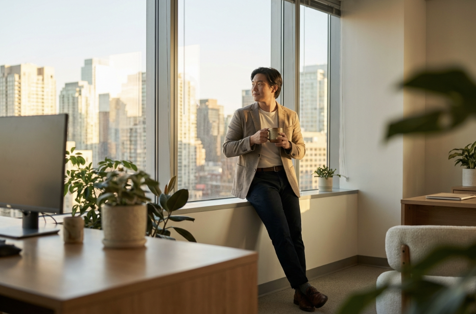 Man in office gazing out window with city view.