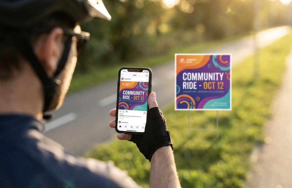 cyclist checks phone for community ride details, event on October 12.
