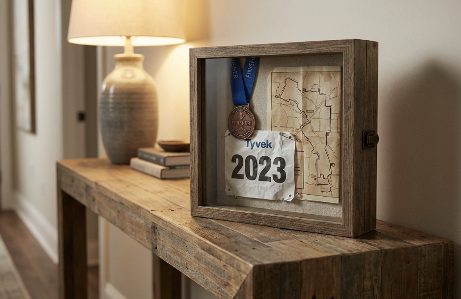 A wooden table with a lamp, books, and framed race memorabilia.
