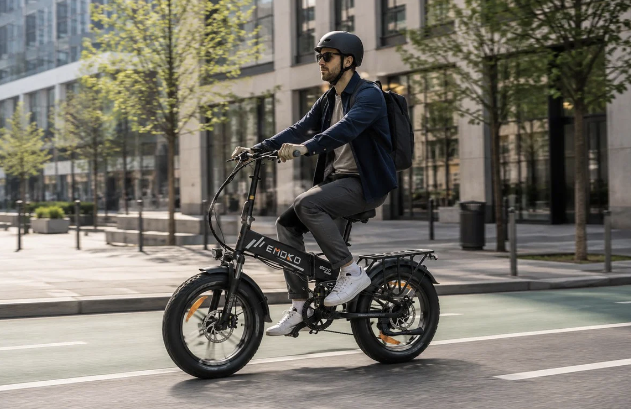 Commuter riding an Emoko EC20 folding e-bike on a city bike lane